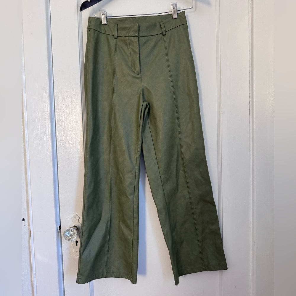 7 for all Mankind Sage Green Faux Leather Wide Leg Cropped Pants. Small